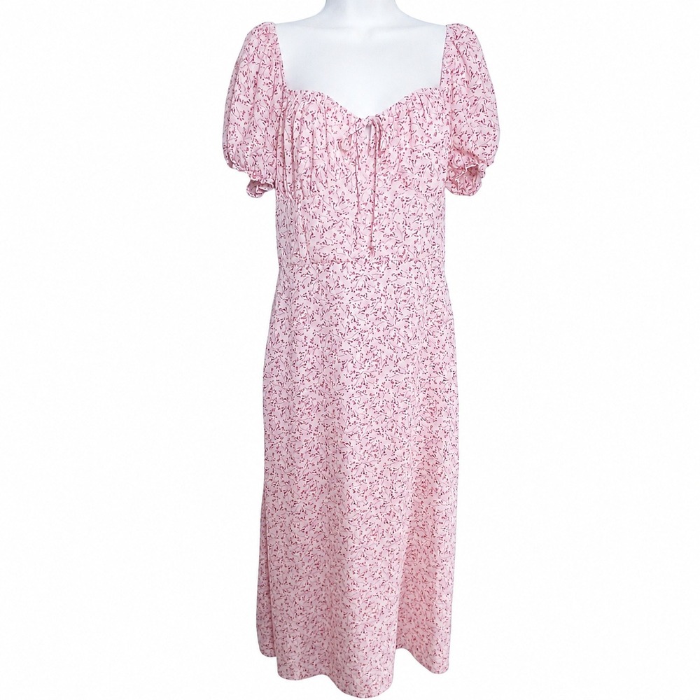 Trixxi Women L Pink Floral Midi Dress Cottagecore Coquette Puff Sleeve Smocked - Picture 2 of 13